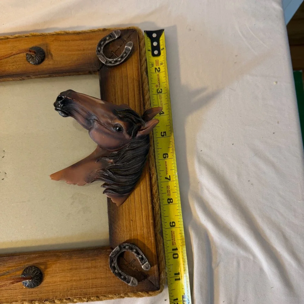 Rustic Western Wood Horse Head 3 Dimensional Picture Frame Horseshoes Leather